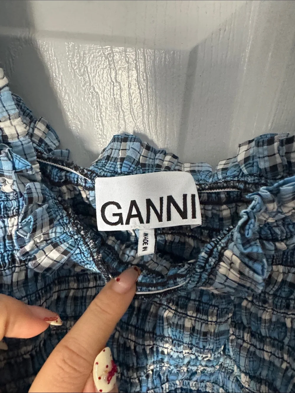 Ganni Blue Plaid Smocked Midi Dress - Women's